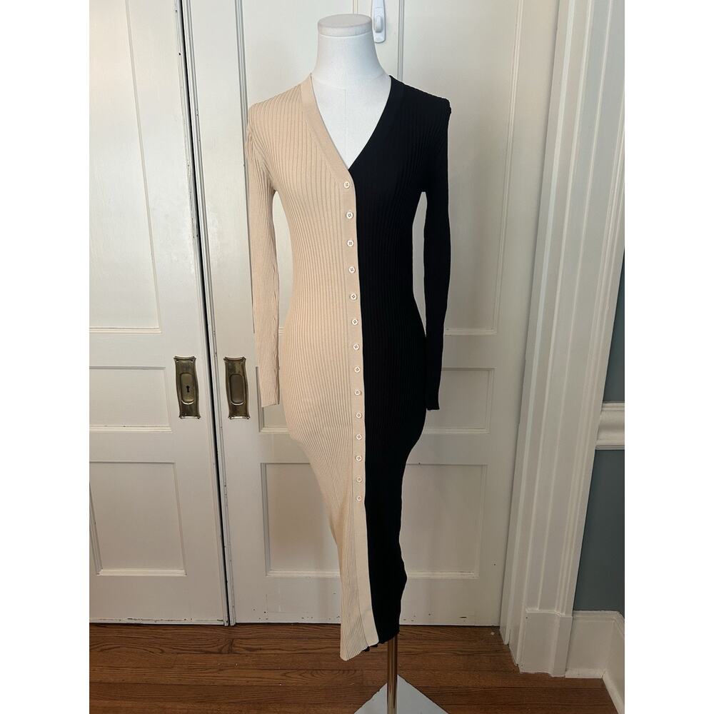 Staud Colorblock Ribbed Knit Button Stretch Midi Dress Womens Size XS Black - Picture 2 of 9
